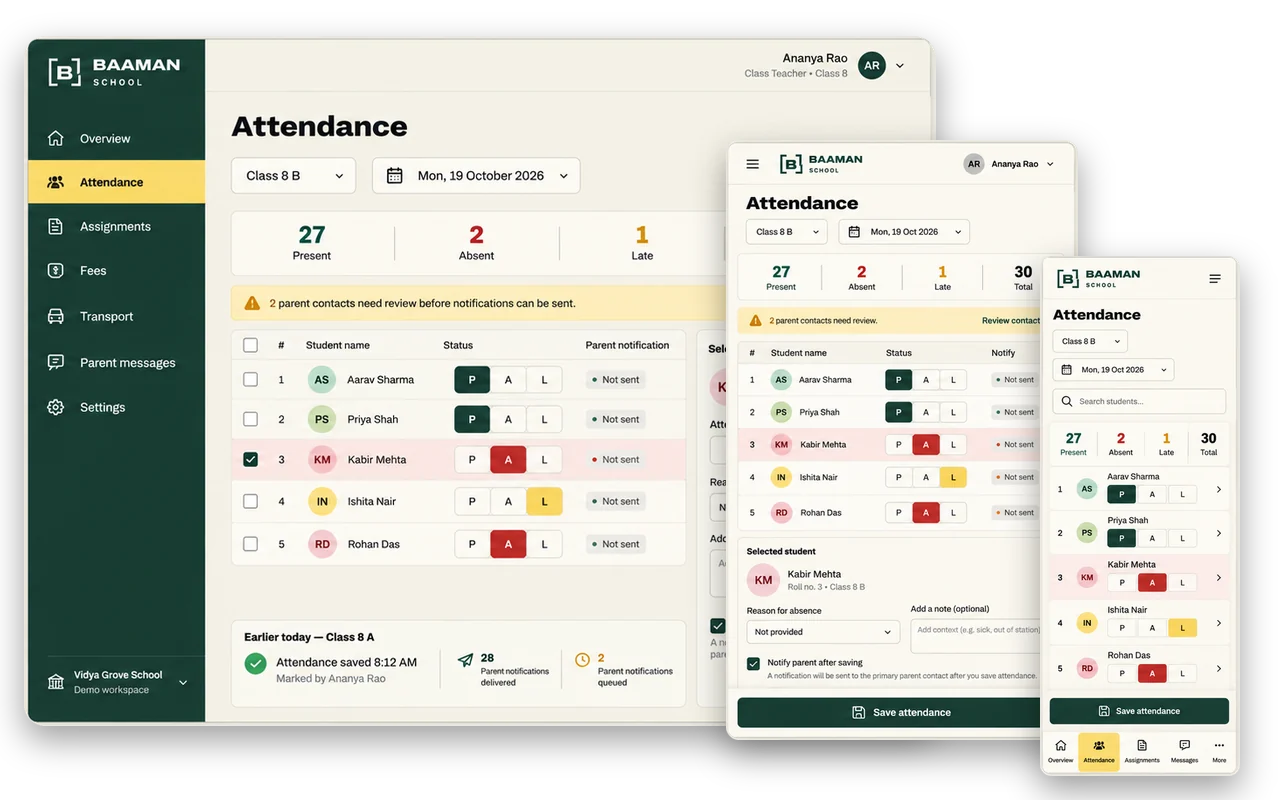 Attendance screen for Class 8 B on desktop, tablet and phone: 27 present, 2 absent, 1 late, with parent notifications ready to send