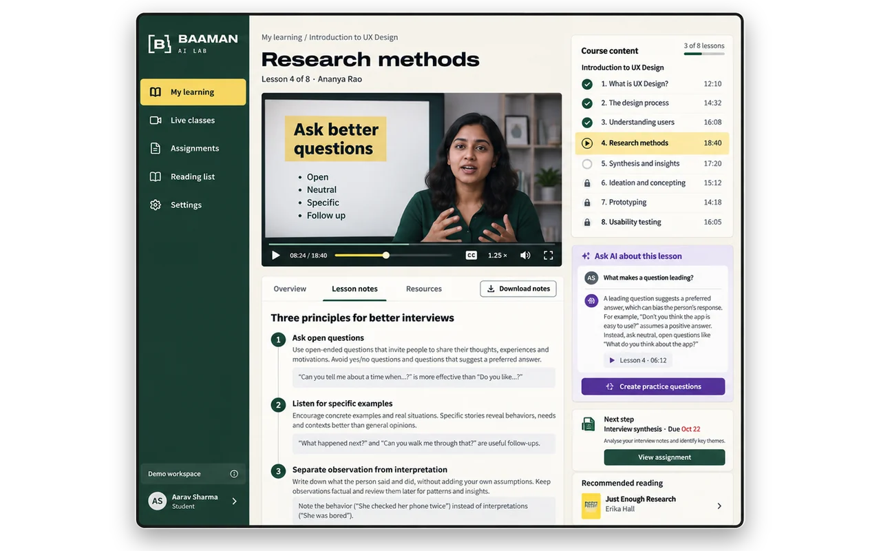 Student course player on desktop: a video lesson with notes and the course outline