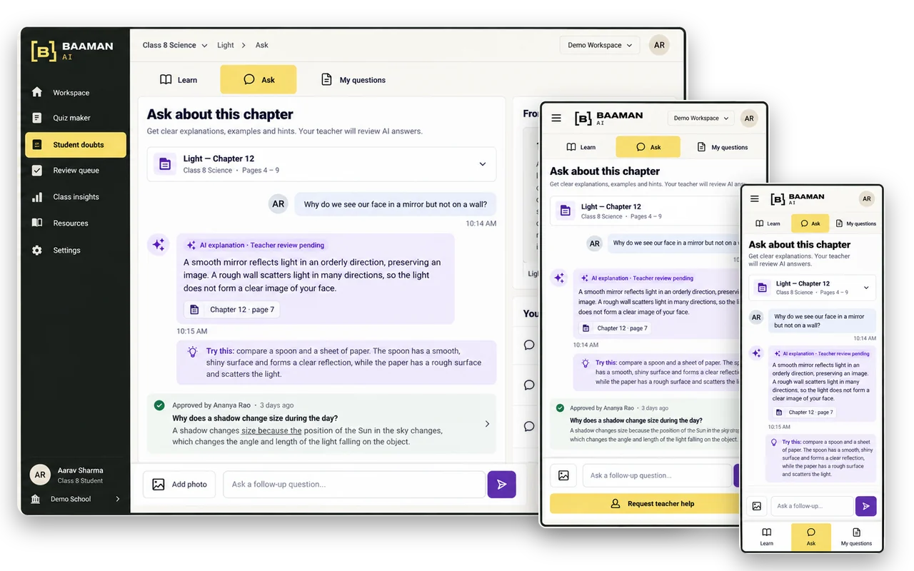 Student doubt-solving assistant on desktop, tablet and phone: asking about a chapter and getting an answer from it