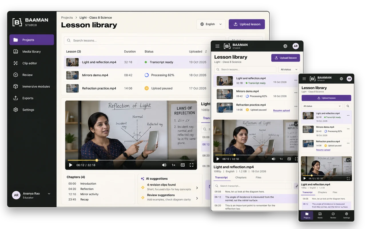 Lesson library on desktop, tablet and phone: uploaded lesson videos being transcribed into chapters