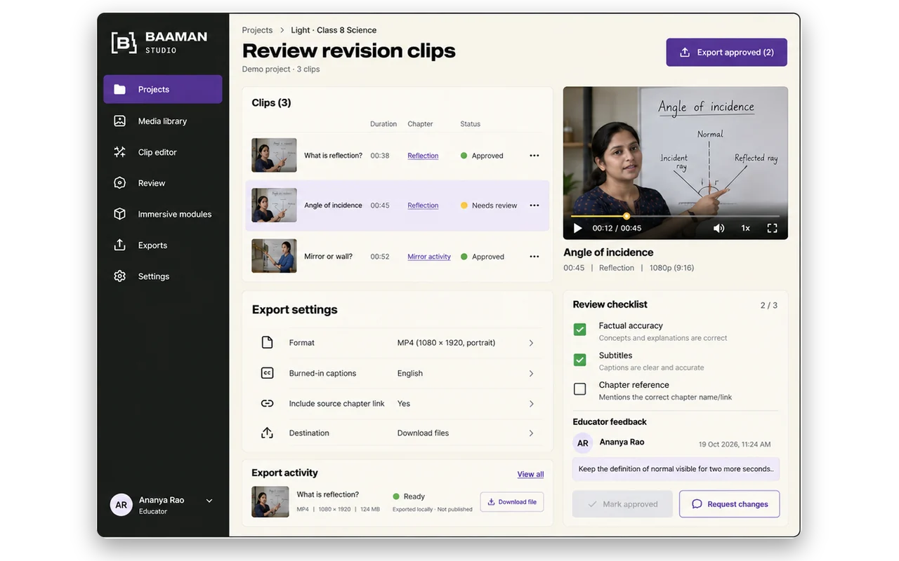 Clip review and export on desktop: approving revision clips before they are published